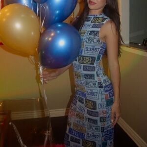 Urban Outfitters license plate print mesh maxi dress with slit in the back